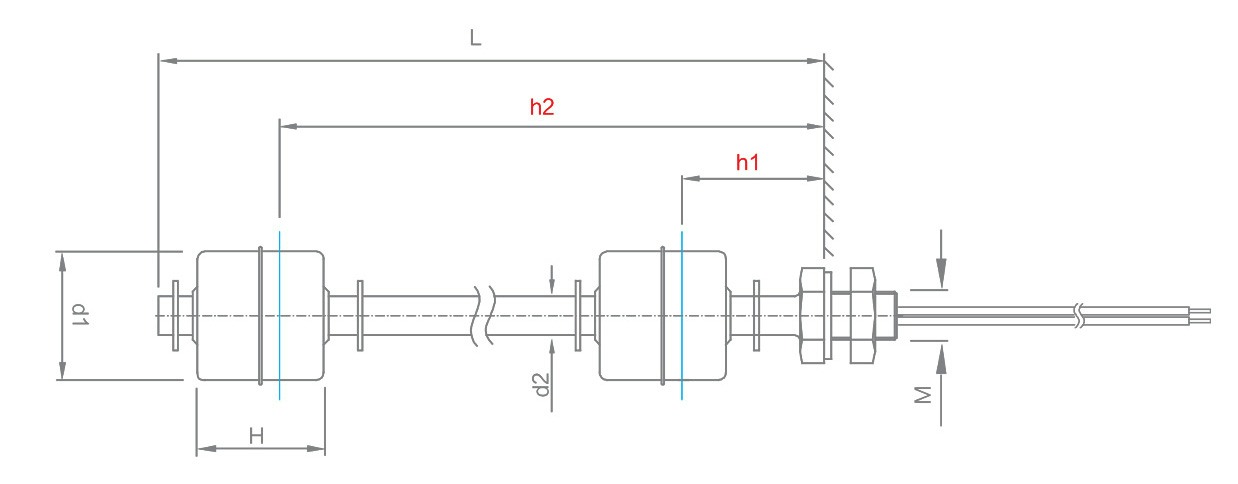 technical drawing of dual float level sensor