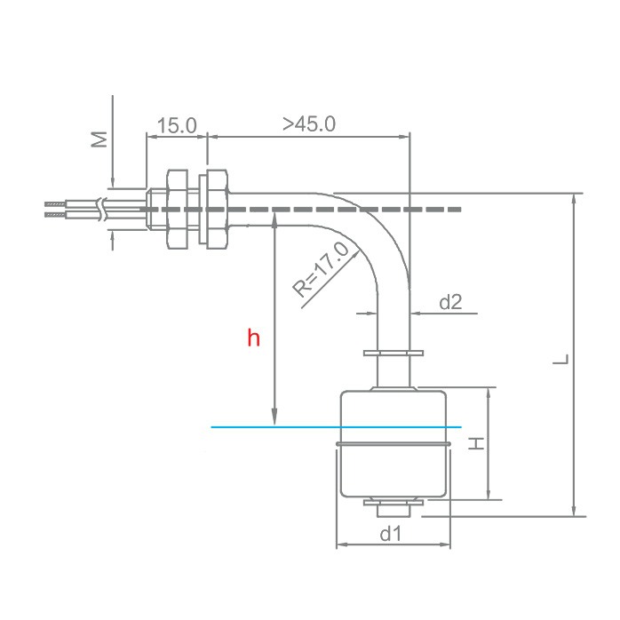 technical drawing of side mounted single float level switch