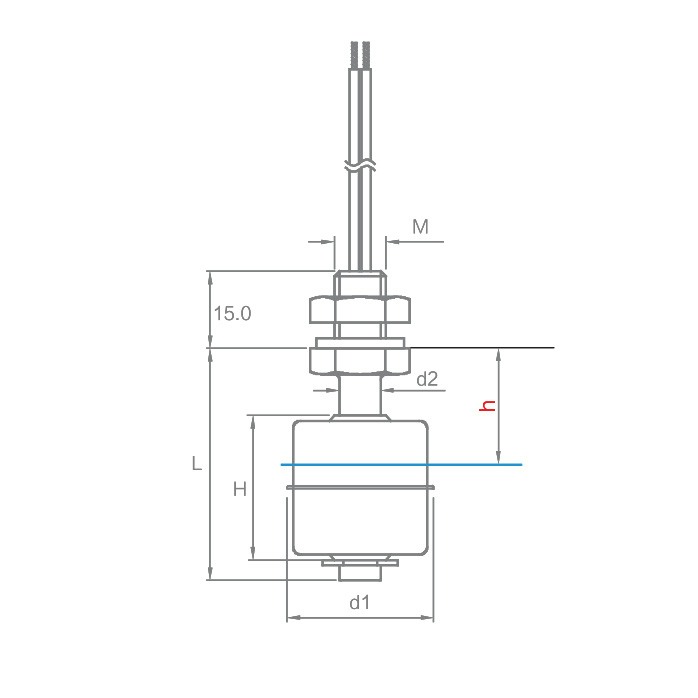 technical drawing of single float level sensor