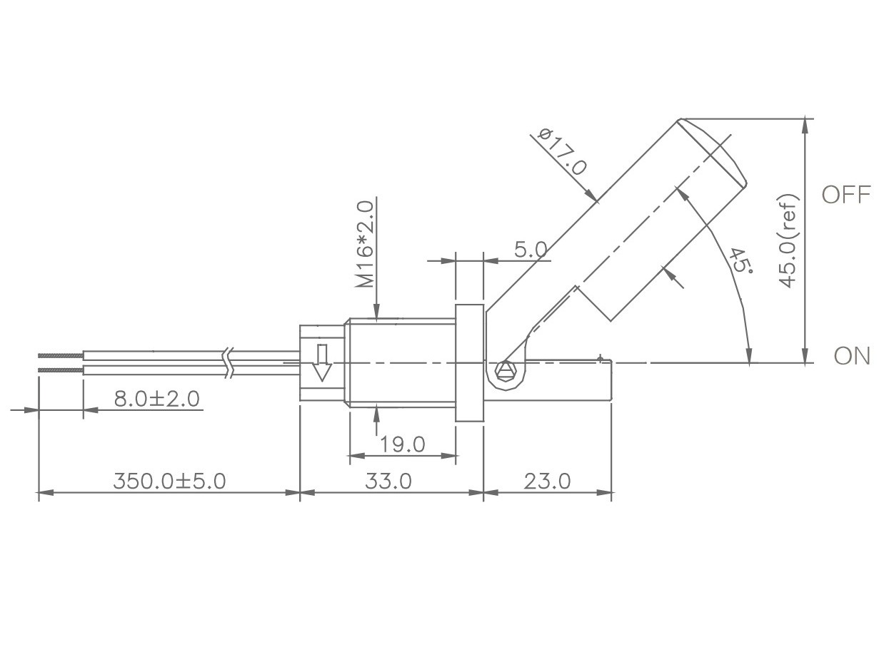 technical drawing of tilt float level switch